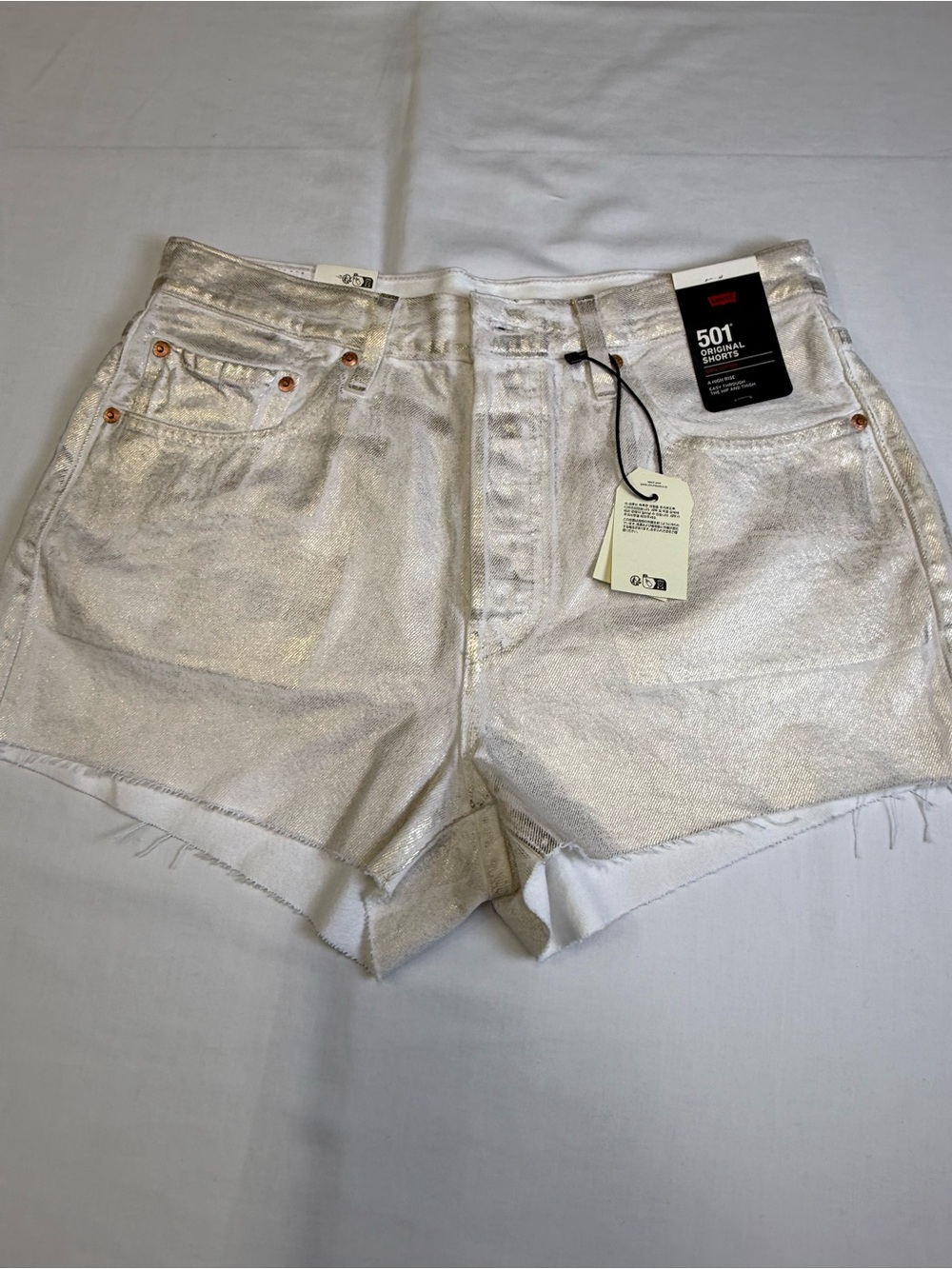 Levis 501 Premium Shorts Womens Sz 31 White Gold Metallic High Rise Cutoff - Picture 10 of 12
